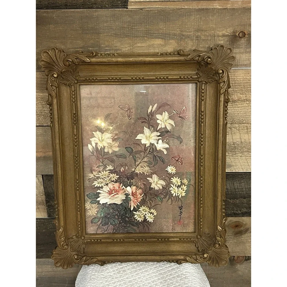 Vtg Homco #3330 Interior Flowers /Floral Syroco Faux Wood Look MCM